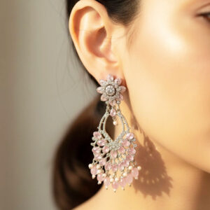 garnet & zirconia floral chand bali earrings with pearl accents