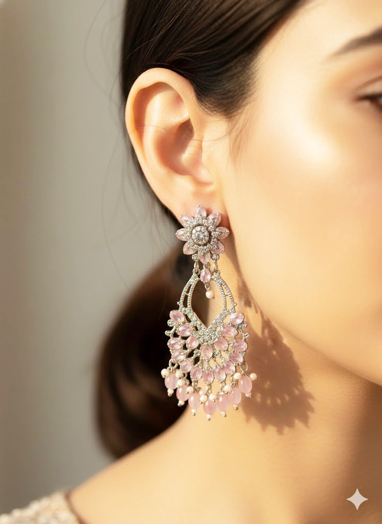 garnet & zirconia floral chand bali earrings with pearl accents garnet & zirconia floral chand bali earrings with pearl accents