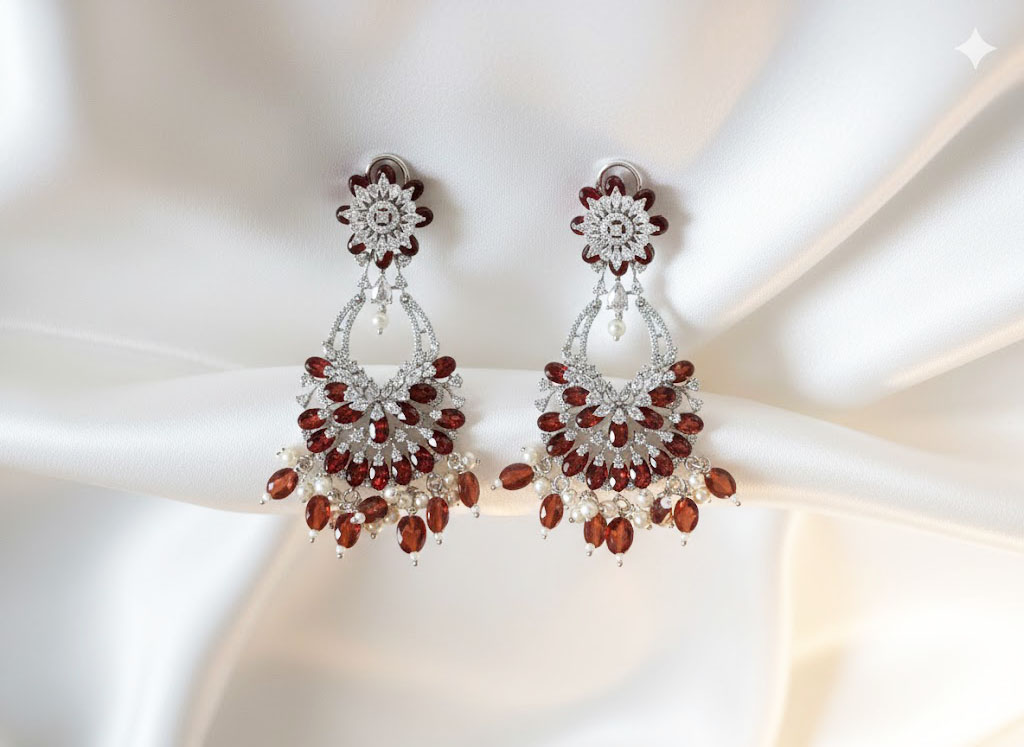 garnet & zirconia floral chand bali earrings with pearl accents garnet & zirconia floral chand bali earrings with pearl accents