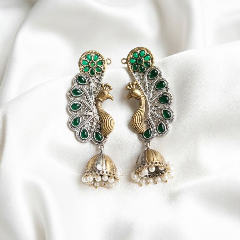 antique peacock motif jhumka earrings