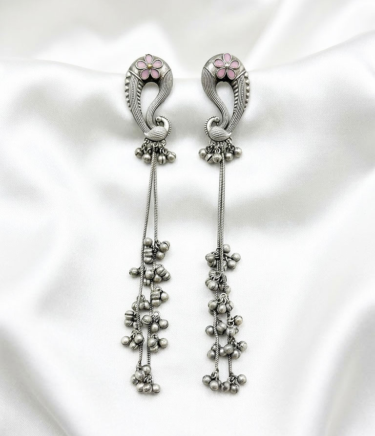 yellow enamel peacock motif oxidized silver long tassel earrings