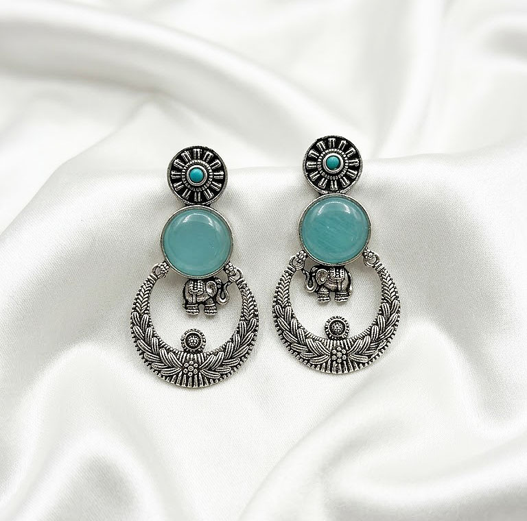 surya gaj oxidized silver chand bali earrings with amber cabochons