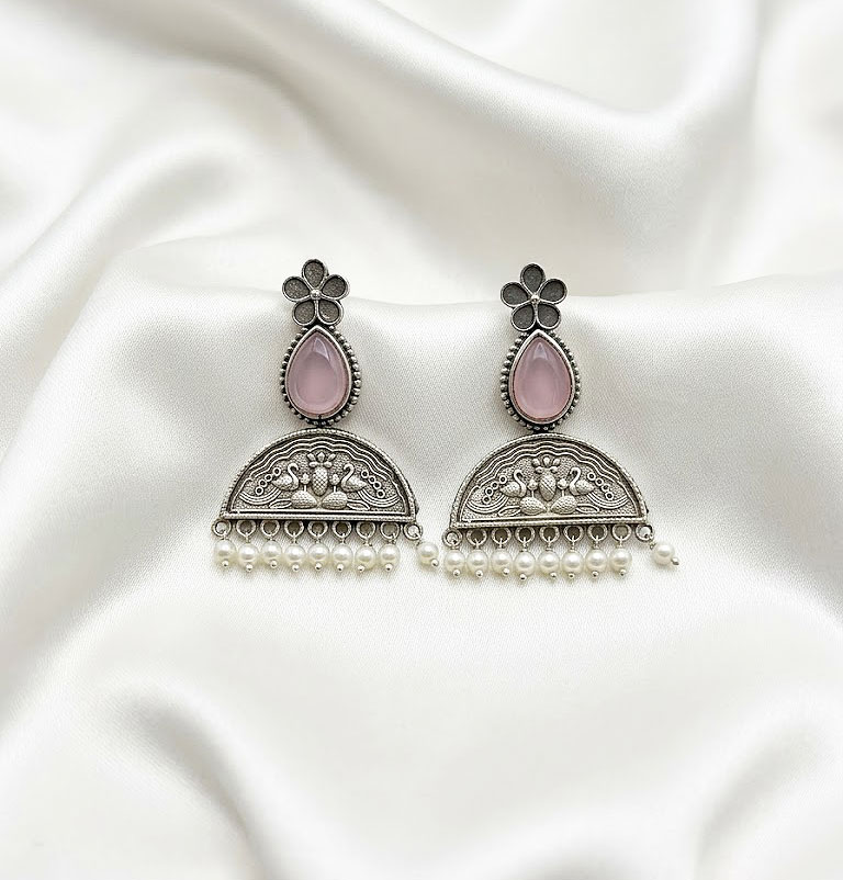 vintage oxidized silver floral moonstone jhumka earrings