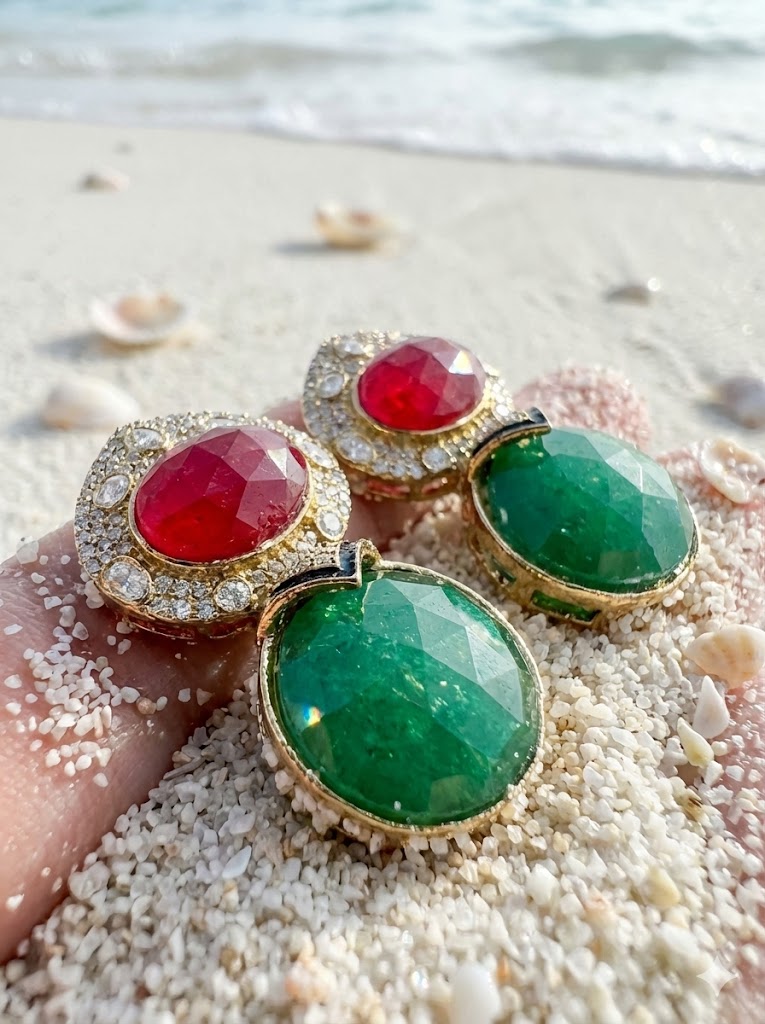 majestic ruby & emerald dual tone drop earrings