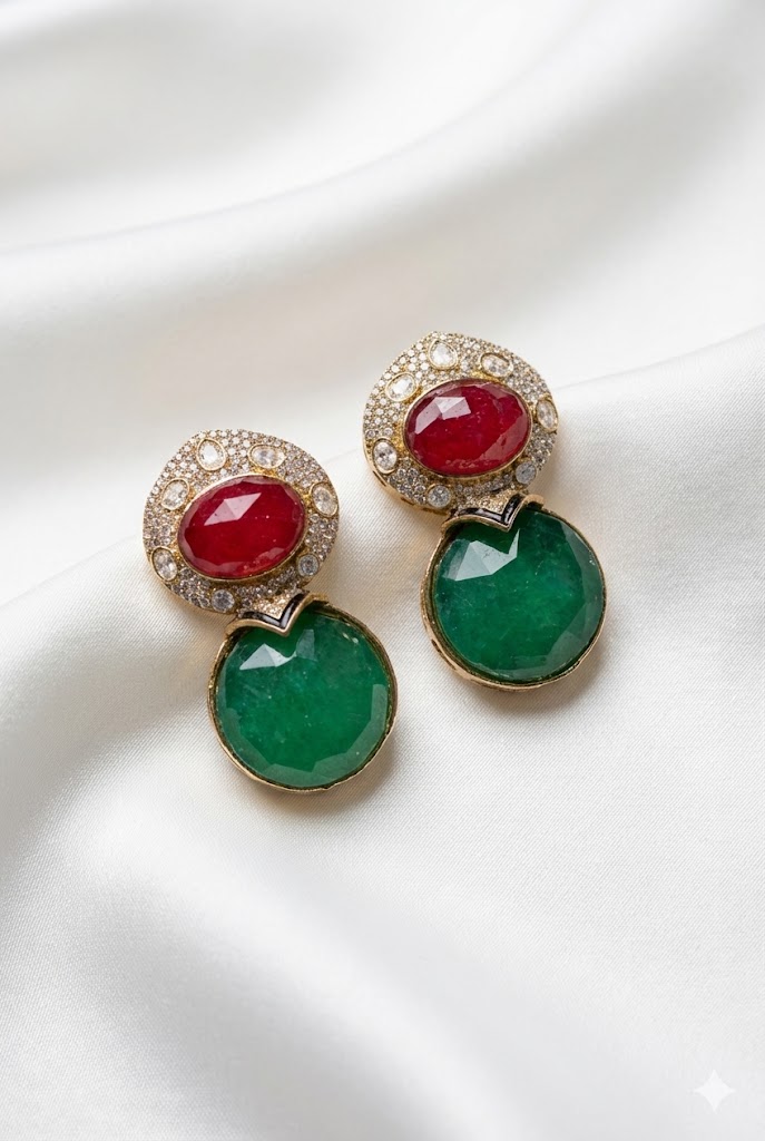 majestic ruby & emerald dual tone drop earrings