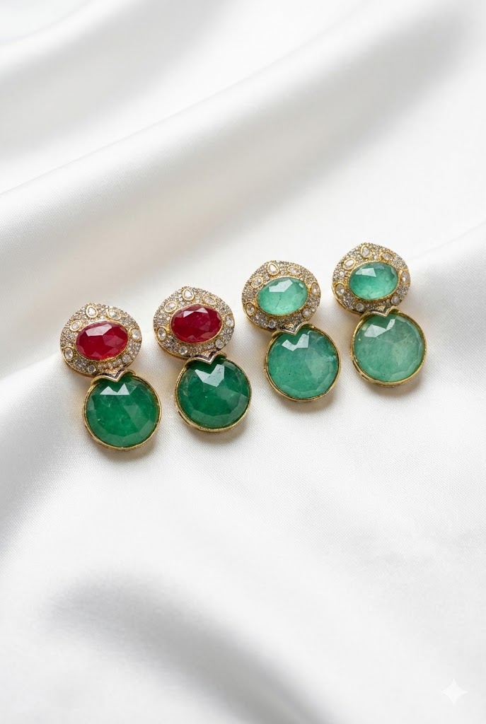 majestic ruby & emerald dual tone drop earrings