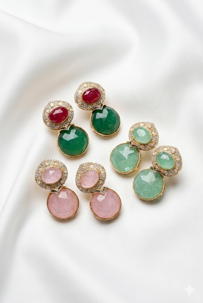 majestic ruby & emerald dual tone drop earrings
