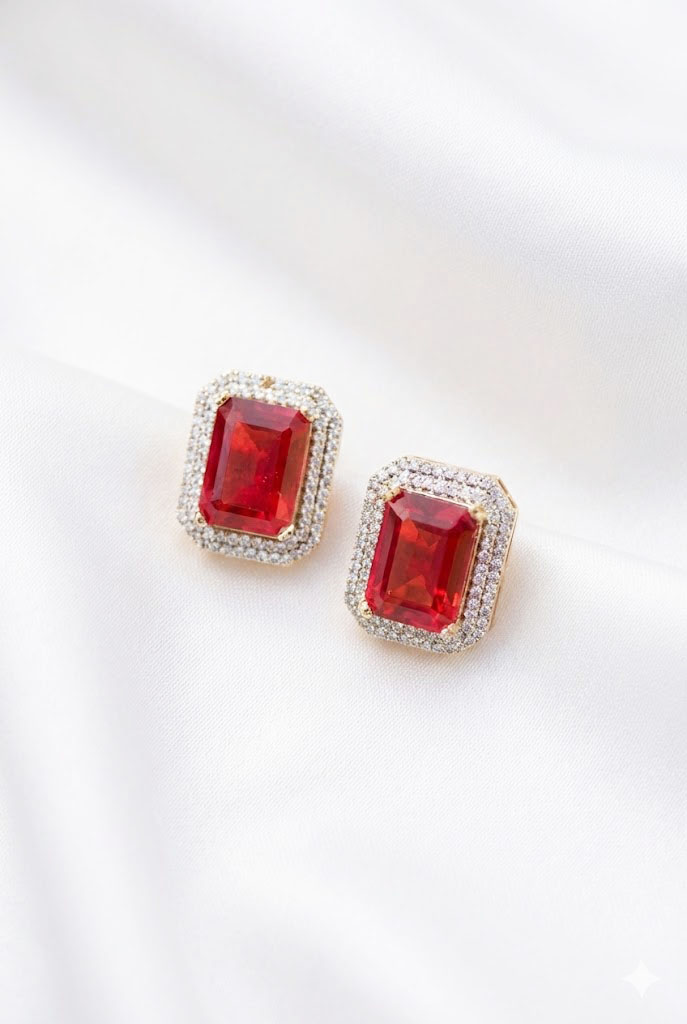 radiant crimson emerald cut halo studs radiant crimson emerald cut halo studs