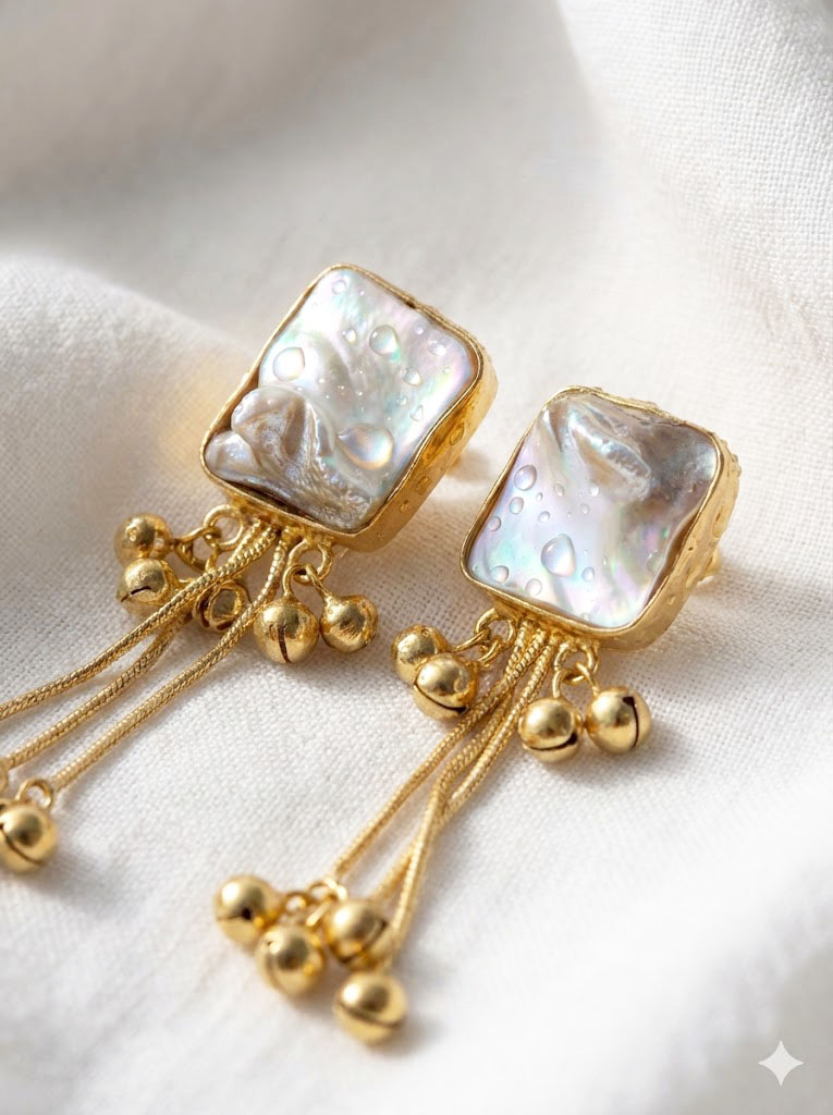 radiant iridescent baroque studs with golden ghungroo drops radiant iridescent baroque studs with golden ghungroo drops