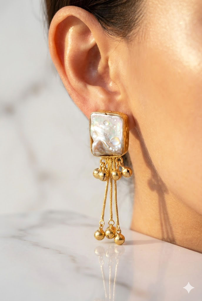 radiant iridescent baroque studs with golden ghungroo drops radiant iridescent baroque studs with golden ghungroo drops