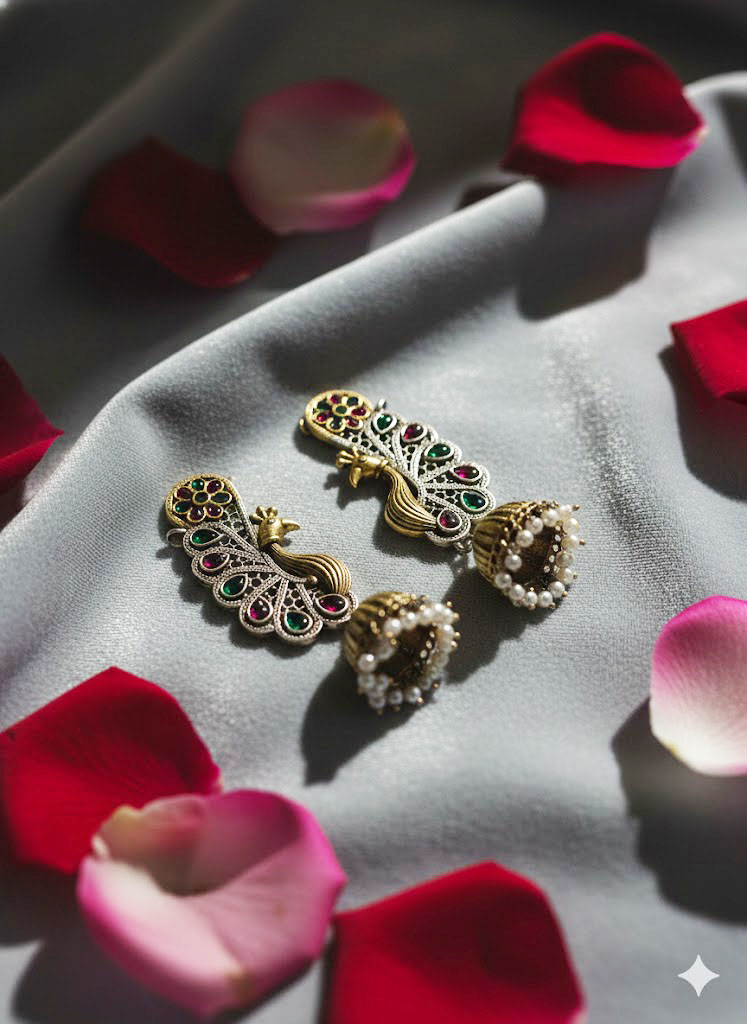 antique peacock motif jhumka earrings