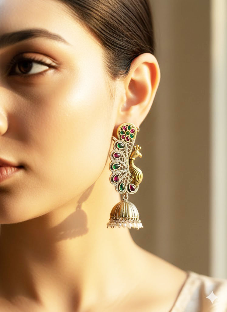 antique peacock motif jhumka earrings