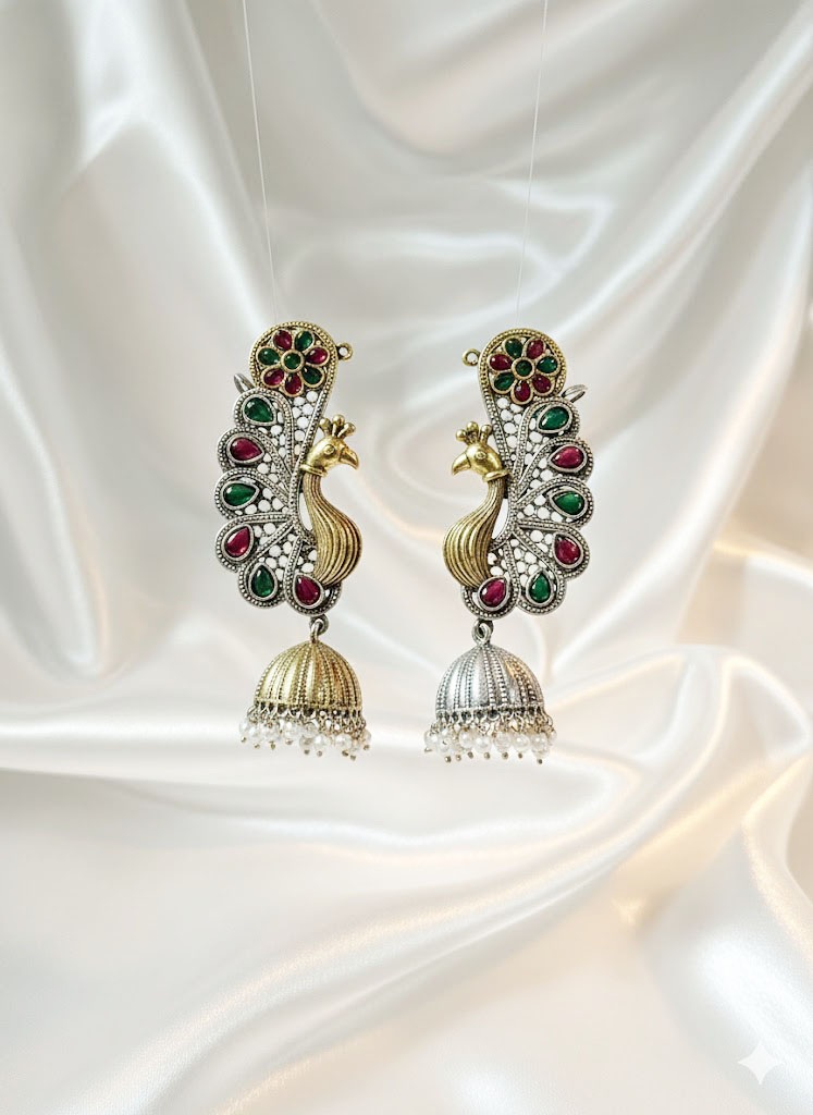antique peacock motif jhumka earrings