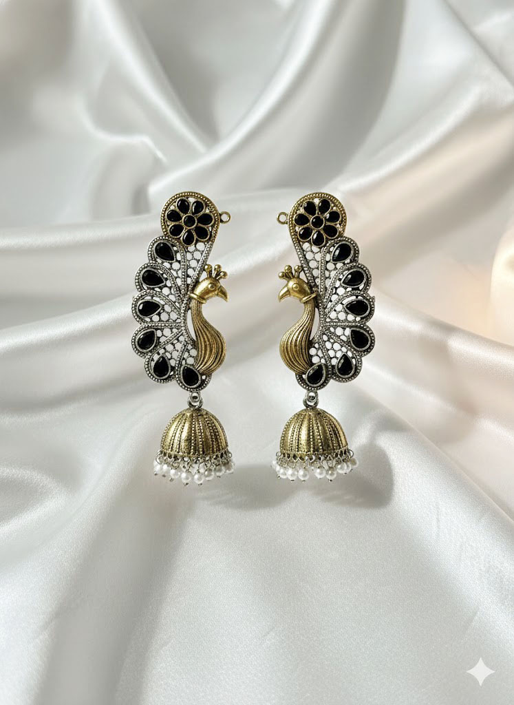 antique peacock motif jhumka earrings