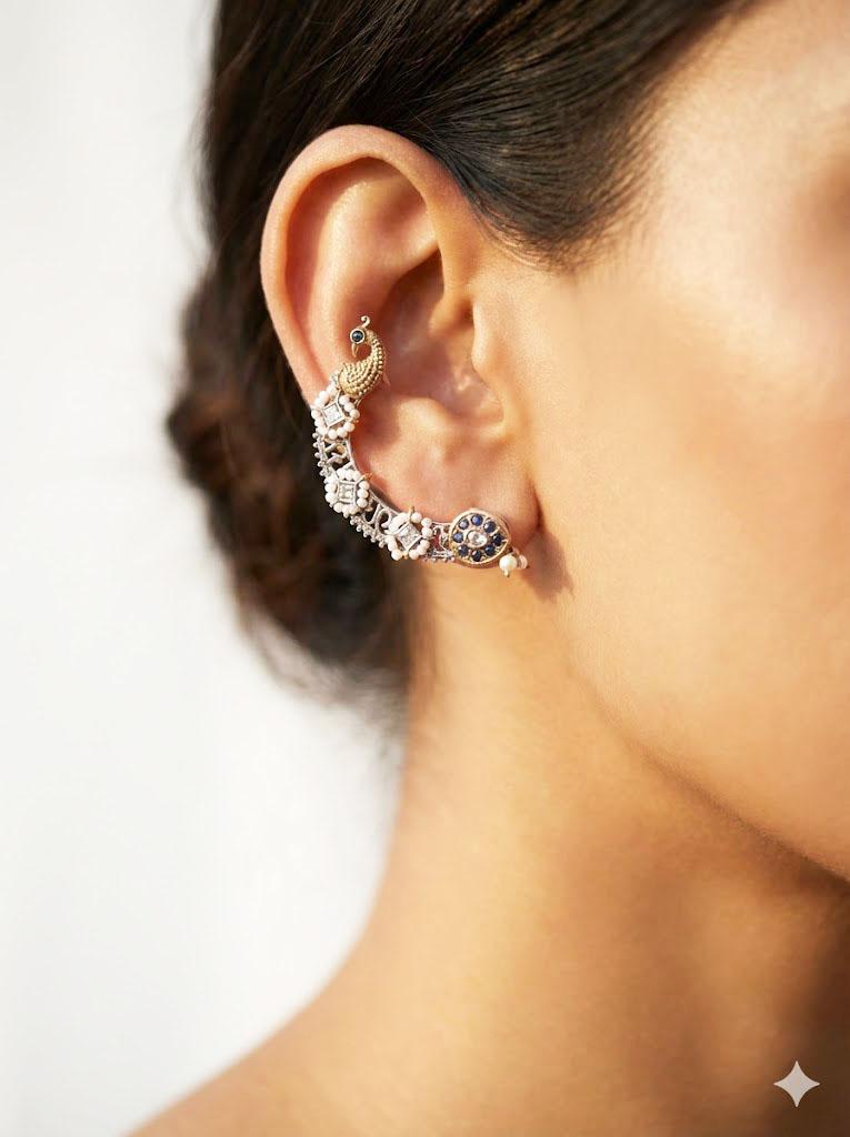 dual tone peacock motif pearl & stone studded ear cuffs dual tone peacock motif pearl & stone studded ear cuffs