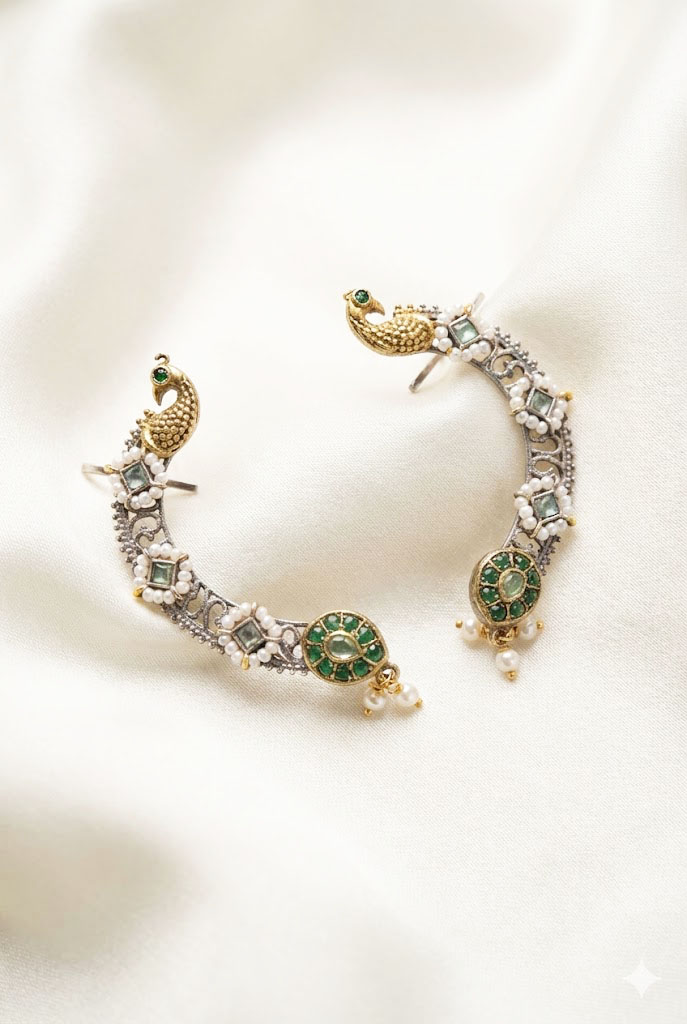 dual tone peacock motif pearl & stone studded ear cuffs dual tone peacock motif pearl & stone studded ear cuffs