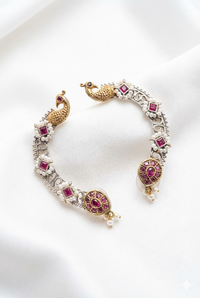 dual tone peacock motif pearl & stone studded ear cuffs dual tone peacock motif pearl & stone studded ear cuffs