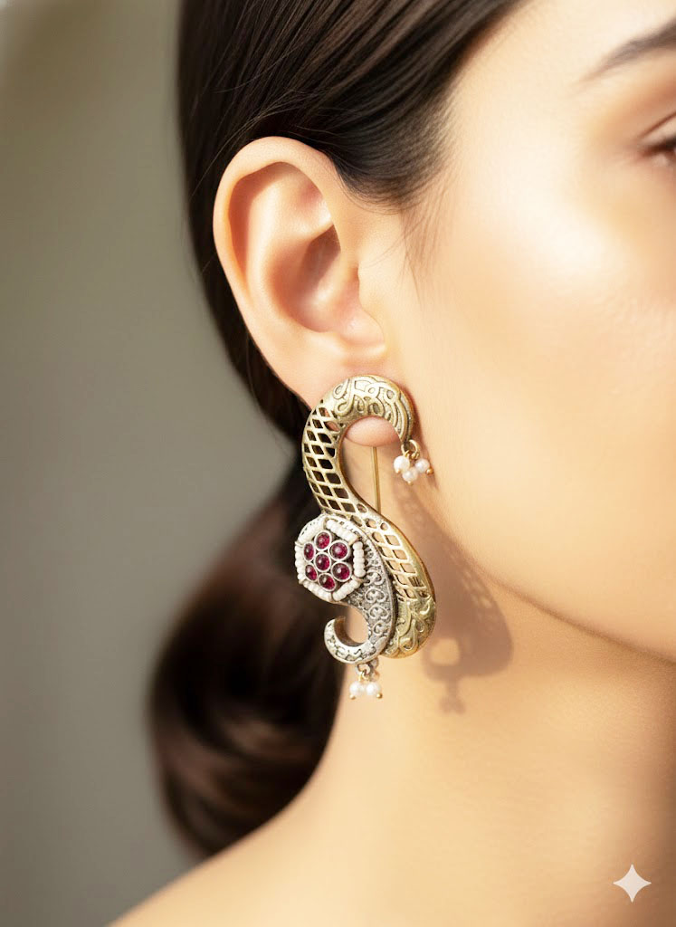 exquisite dual tone paisley motif statement earrings with ruby red stones and pearl accents exquisite dual tone paisley motif statement earrings with ruby red stones and pearl accents