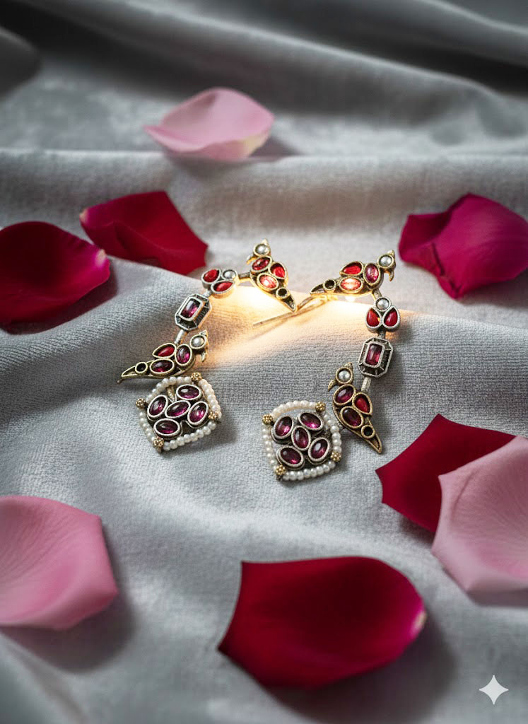 elegant ruby red bird motif temple earrings elegant ruby red bird motif temple earrings