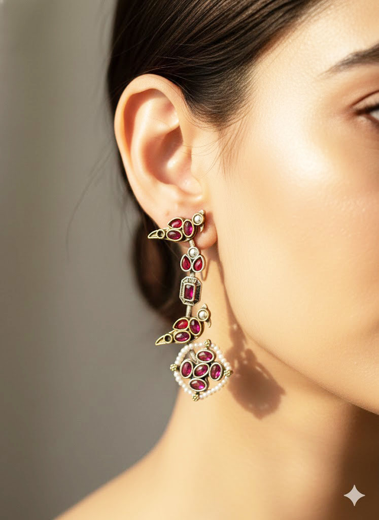 elegant ruby red bird motif temple earrings elegant ruby red bird motif temple earrings