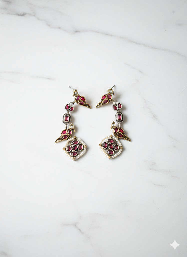 elegant ruby red bird motif temple earrings elegant ruby red bird motif temple earrings