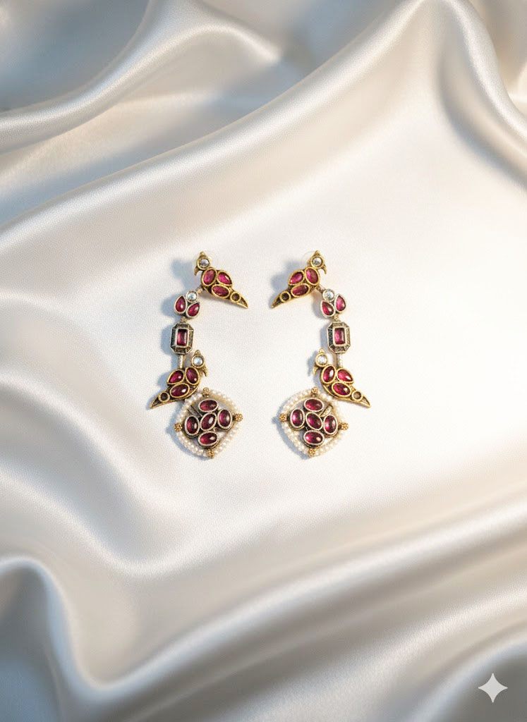 elegant ruby red bird motif temple earrings elegant ruby red bird motif temple earrings