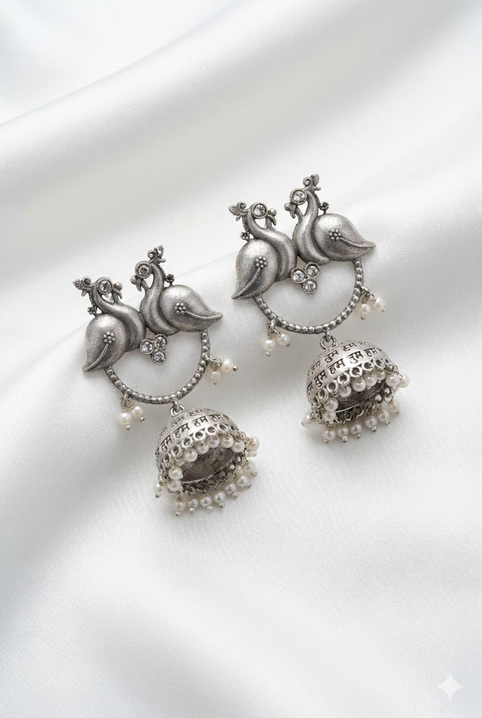 twin peacock oxidized silver jhumka earrings with pearl droplets twin peacock oxidized silver jhumka earrings with pearl droplets