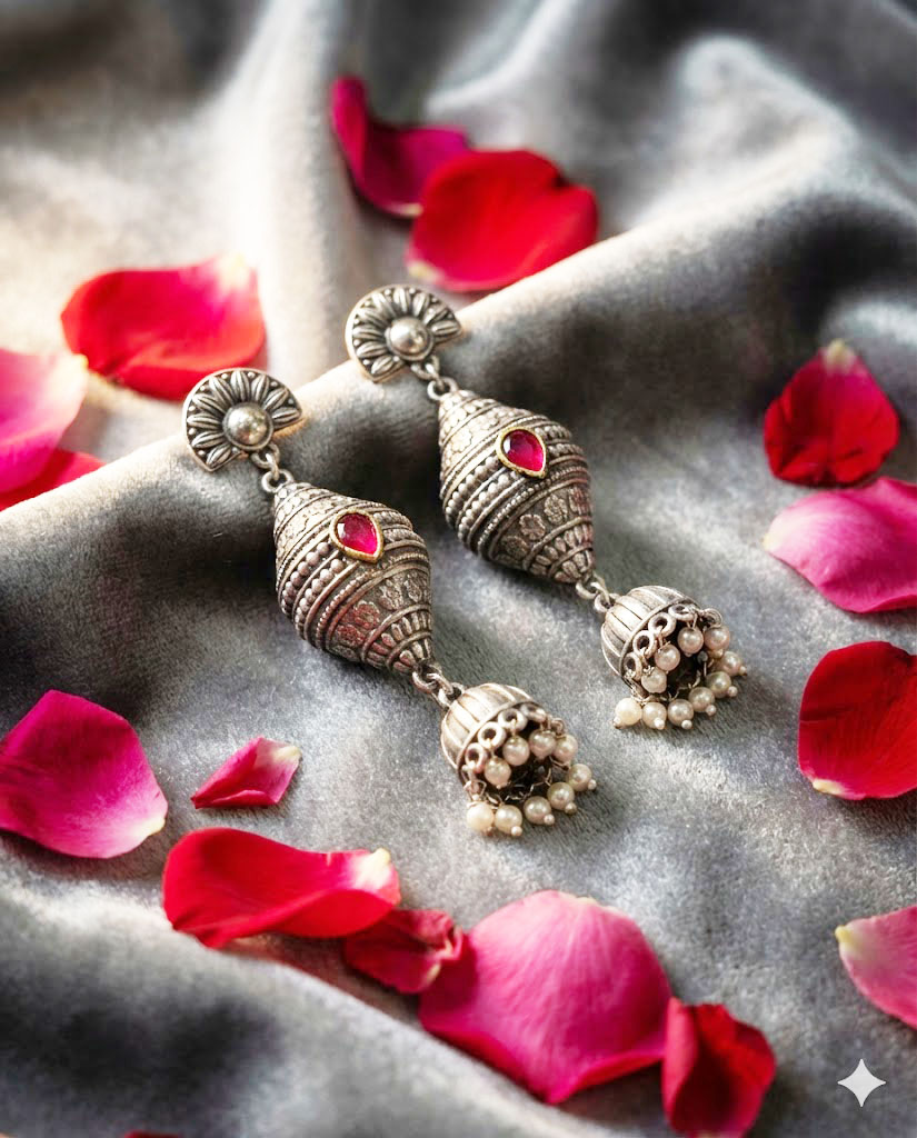 antique silver finished oxidized jhumka earrings with ruby accents