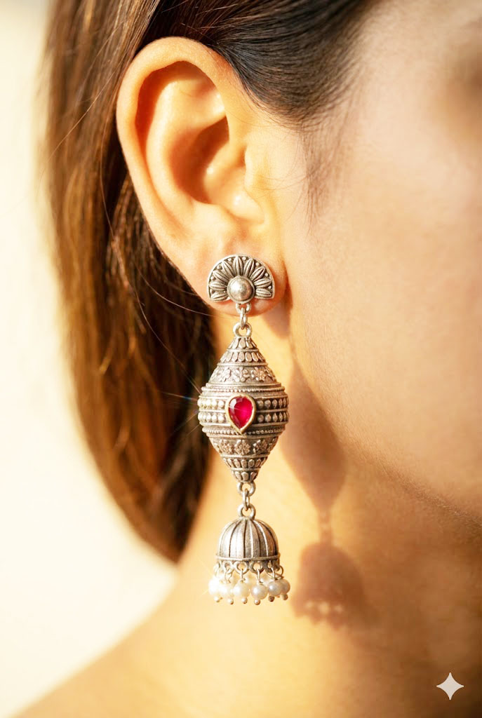 antique silver finished oxidized jhumka earrings with ruby accents