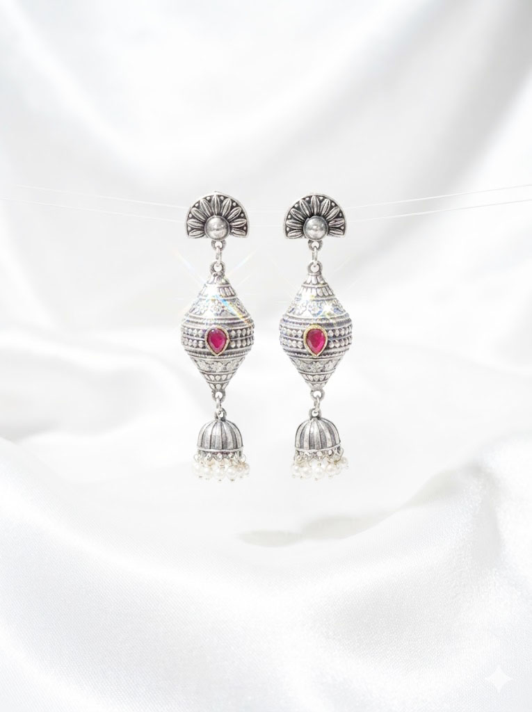 antique silver finished oxidized jhumka earrings with ruby accents