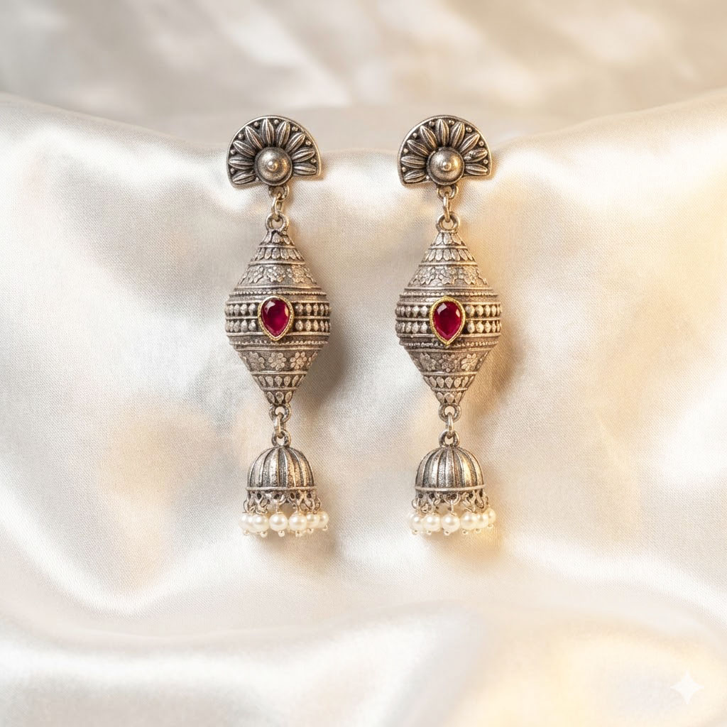 antique silver finished oxidized jhumka earrings with ruby accents