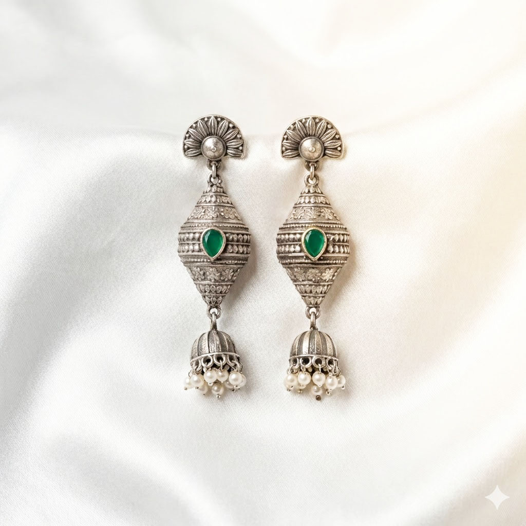 antique silver finished oxidized jhumka earrings with ruby accents