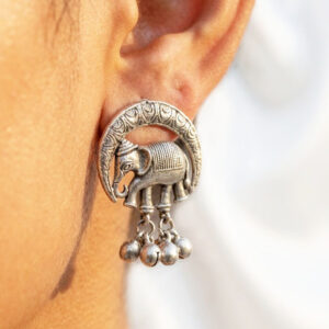 vintage elephant motif silver oxidized stud earrings with ghungroo drops