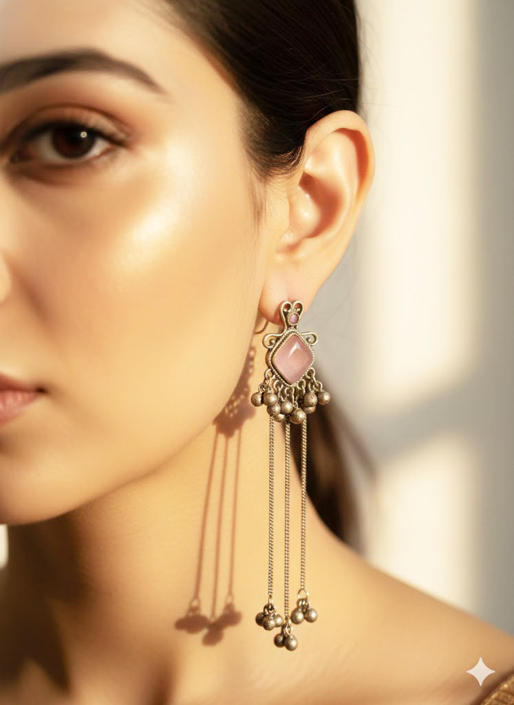 vintage oxidized silver plated pink stone long chain tassel earrings vintage oxidized silver plated pink stone long chain tassel earrings