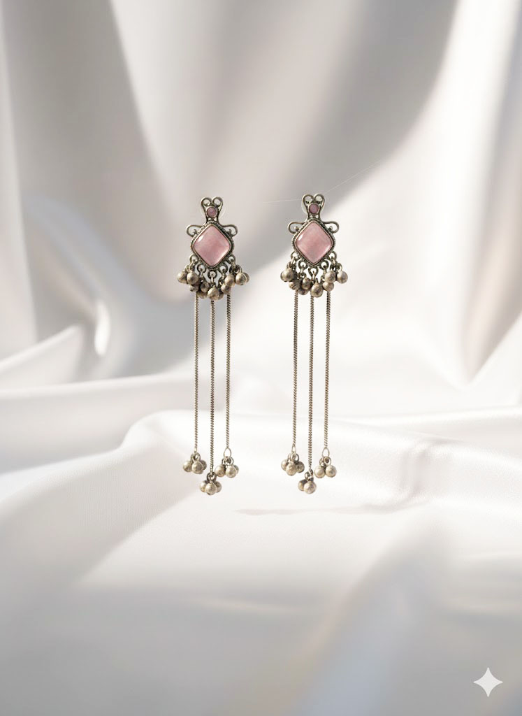 vintage oxidized silver plated pink stone long chain tassel earrings vintage oxidized silver plated pink stone long chain tassel earrings