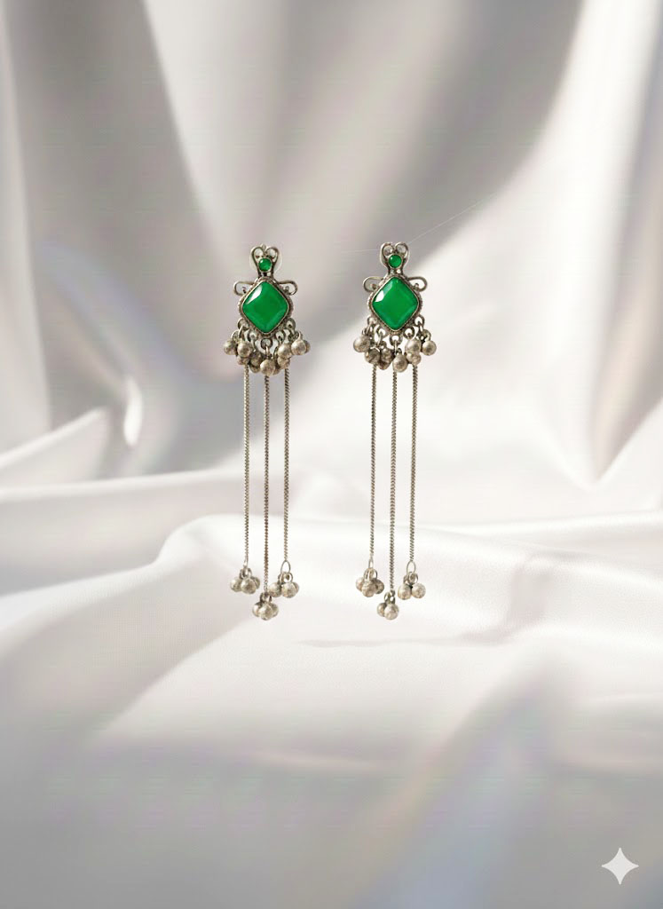 vintage oxidized silver plated pink stone long chain tassel earrings vintage oxidized silver plated pink stone long chain tassel earrings