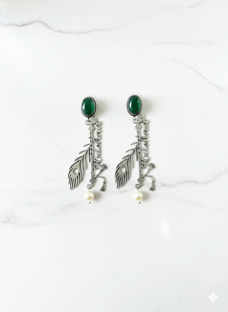 krishna flute & peacock feather oxidized drop earrings krishna flute & peacock feather oxidized drop earrings