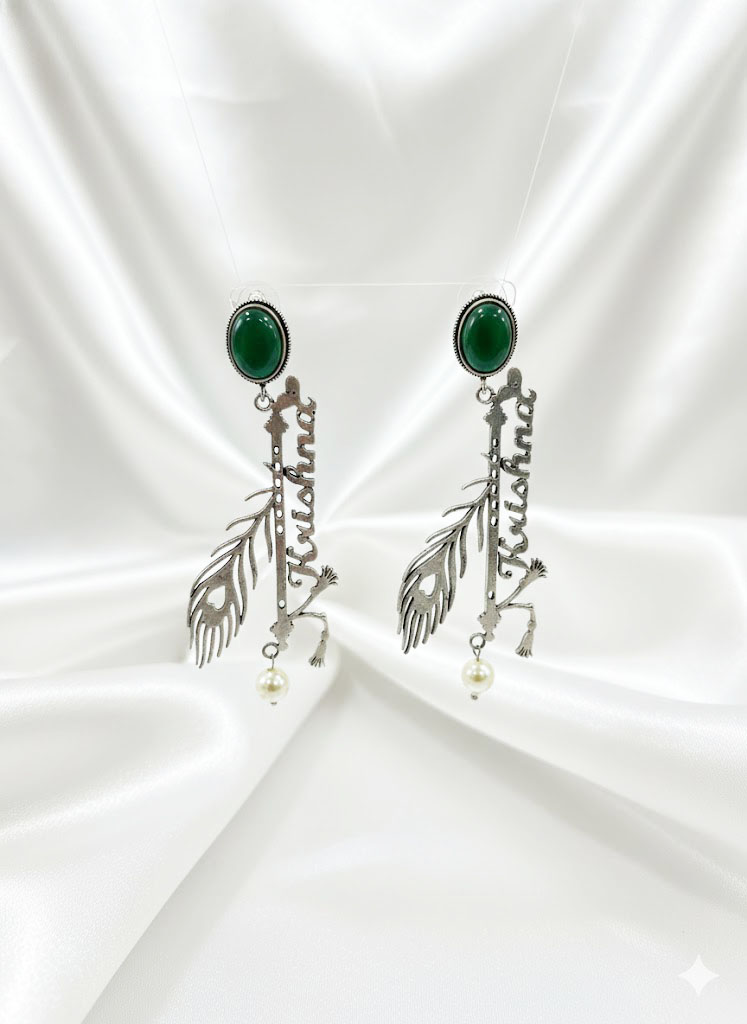 krishna flute & peacock feather oxidized drop earrings krishna flute & peacock feather oxidized drop earrings