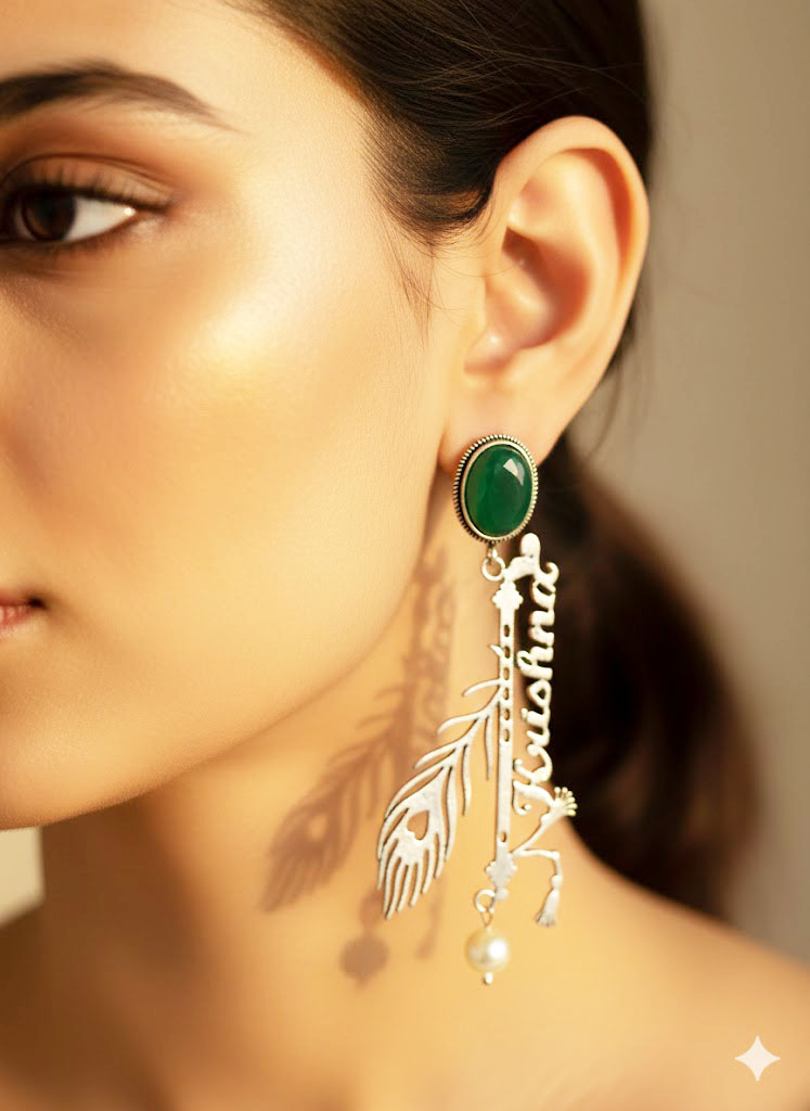 krishna flute & peacock feather oxidized drop earrings krishna flute & peacock feather oxidized drop earrings