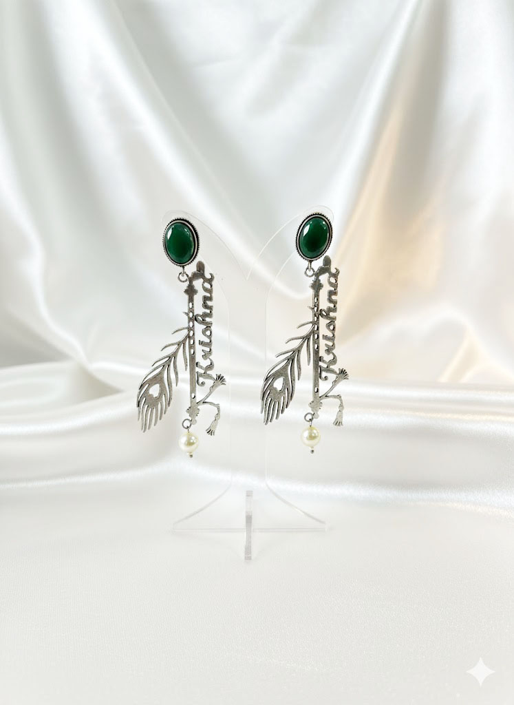 krishna flute & peacock feather oxidized drop earrings krishna flute & peacock feather oxidized drop earrings