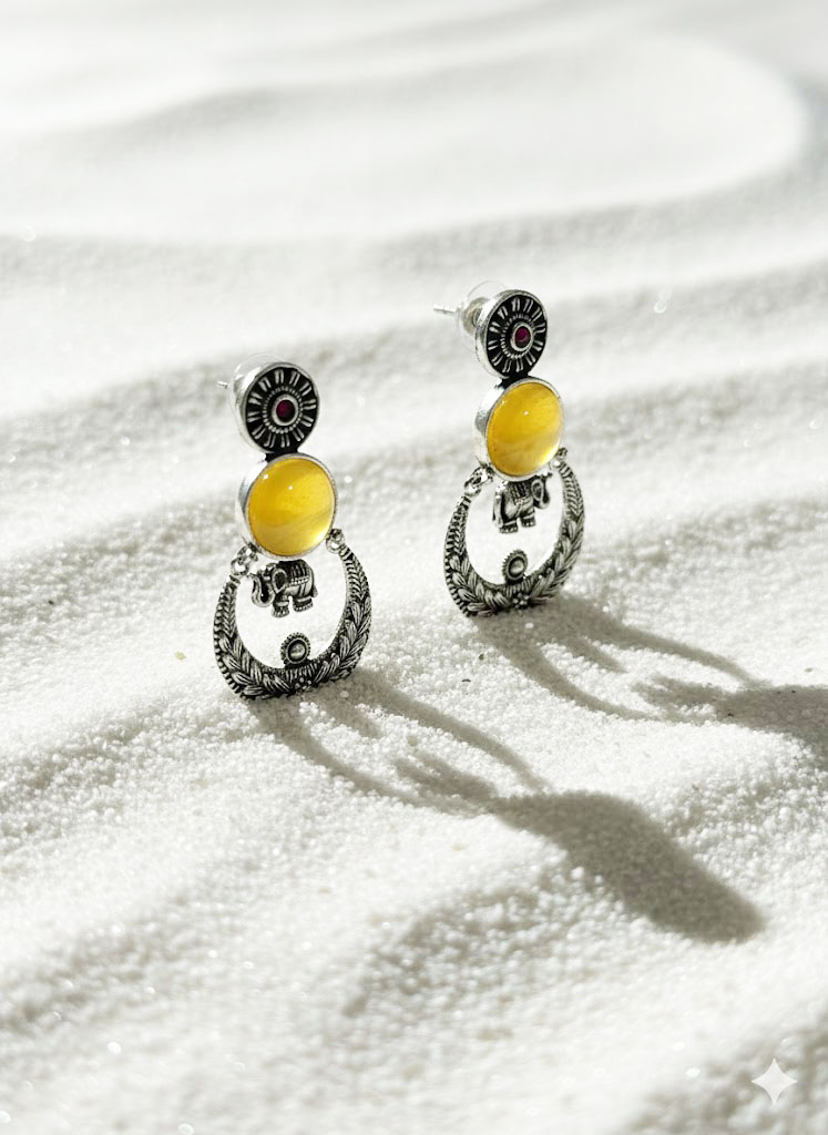 surya gaj oxidized silver chand bali earrings with amber cabochons