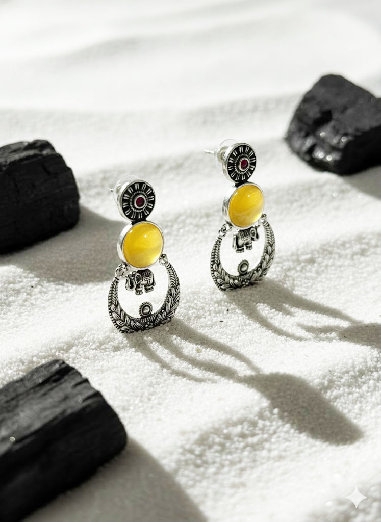 surya gaj oxidized silver chand bali earrings with amber cabochons