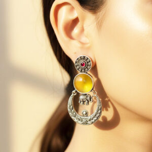 surya gaj oxidized silver chand bali earrings with amber cabochons