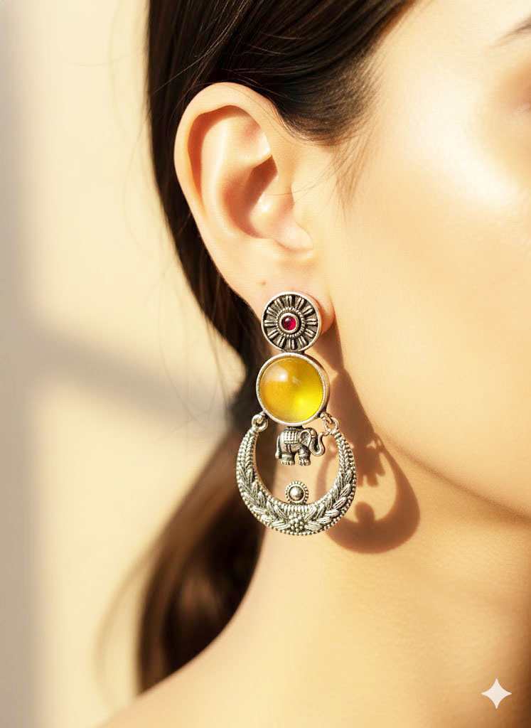 surya gaj oxidized silver chand bali earrings with amber cabochons