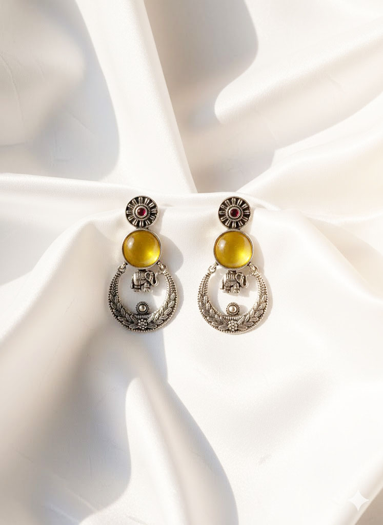 surya gaj oxidized silver chand bali earrings with amber cabochons