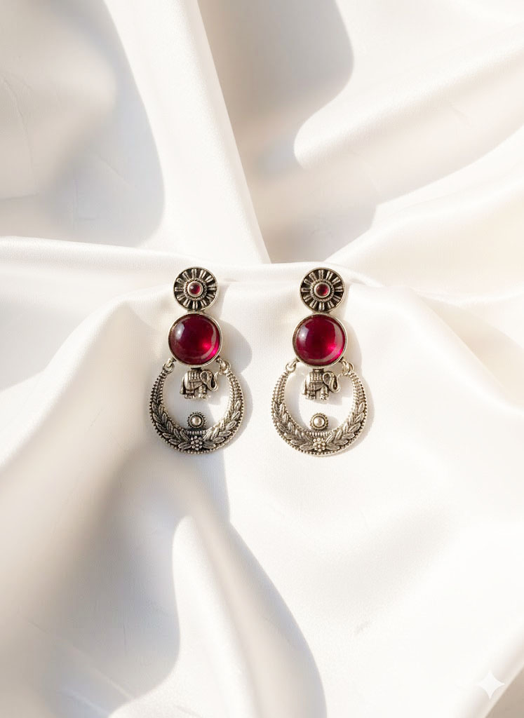 surya gaj oxidized silver chand bali earrings with amber cabochons