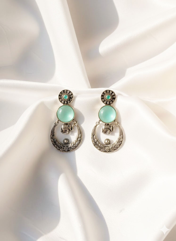 surya gaj oxidized silver chand bali earrings with amber cabochons