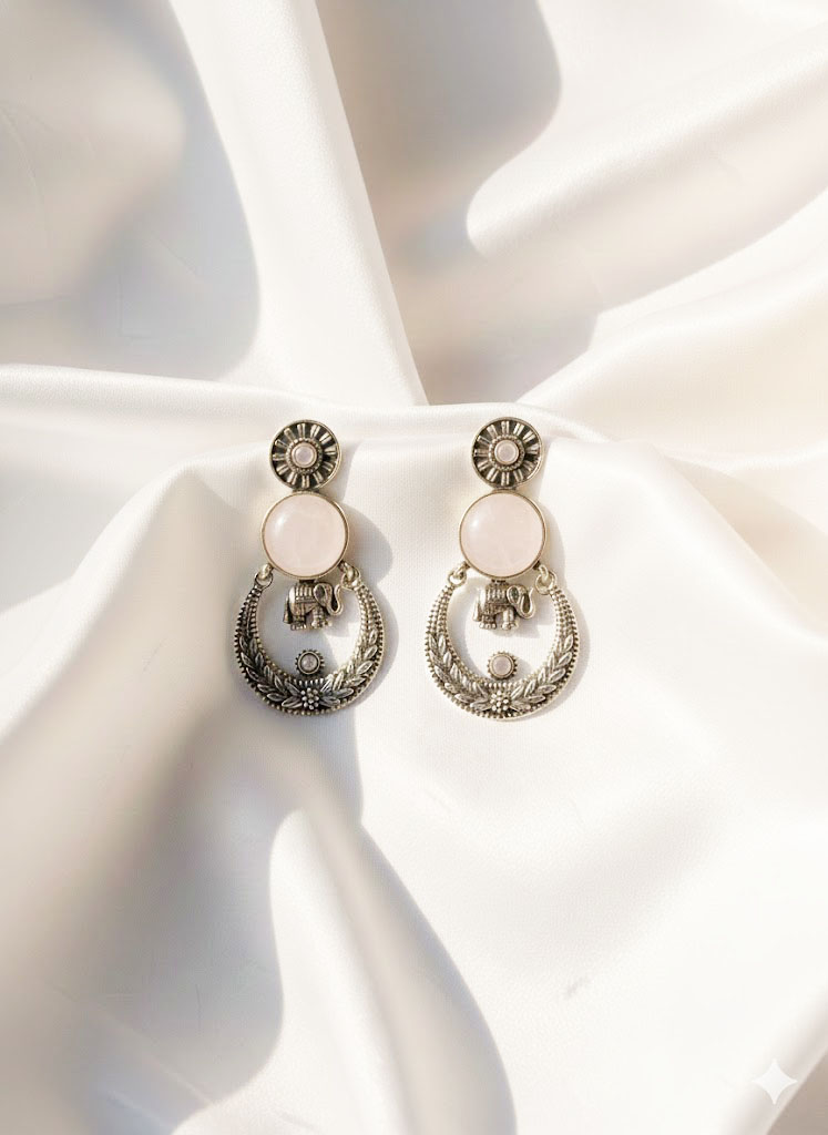 surya gaj oxidized silver chand bali earrings with amber cabochons