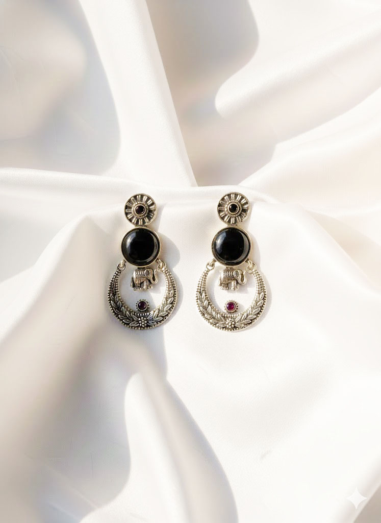 surya gaj oxidized silver chand bali earrings with amber cabochons