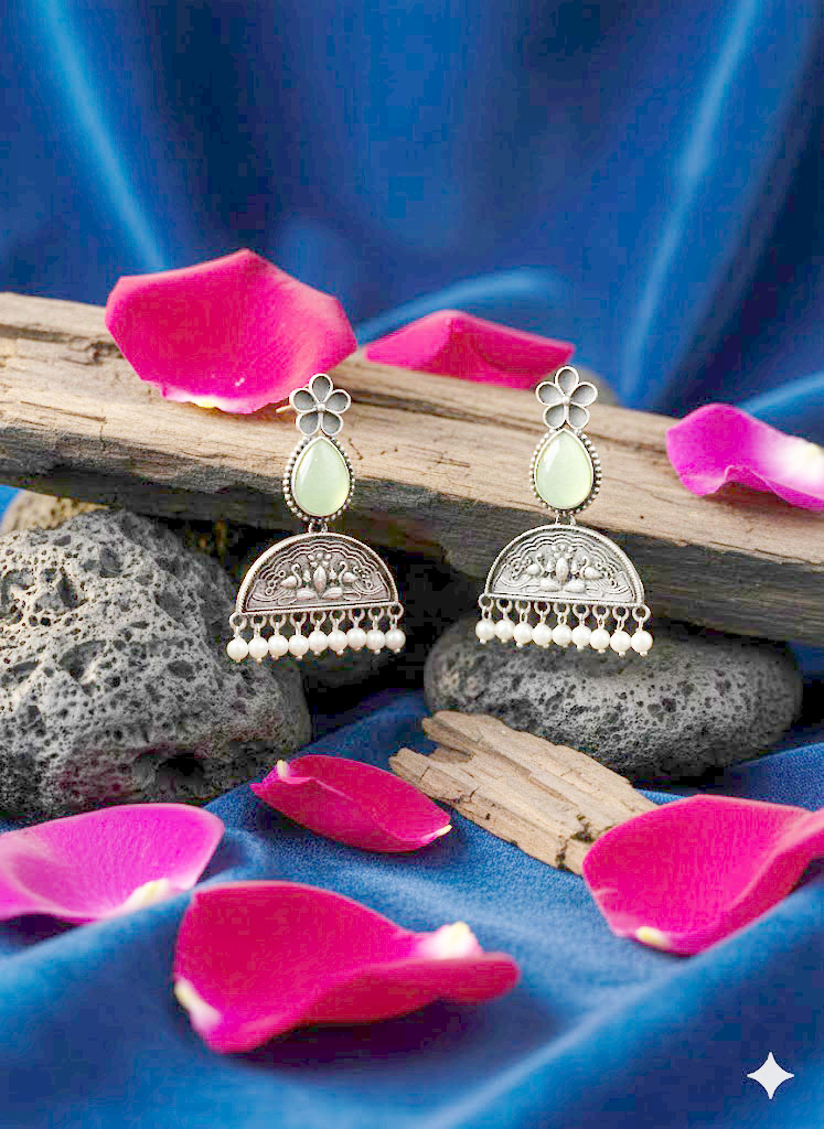 vintage oxidized silver floral moonstone jhumka earrings